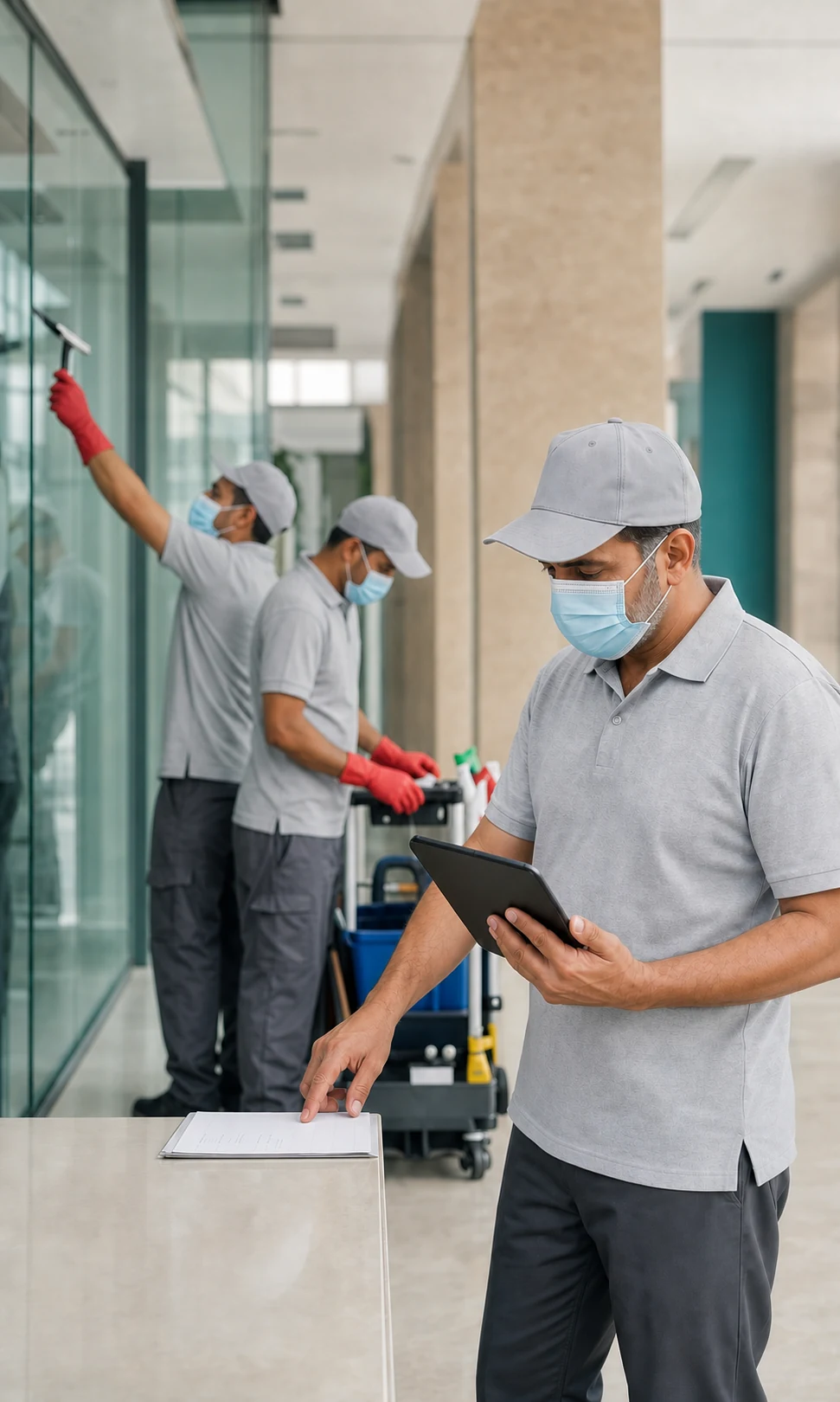 مشرف من ناجز يراجع أعمال التنظيف مع الفريق